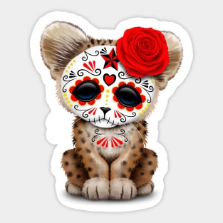 Red Day of the Dead Sugar Skull Leopard Cub Sticker